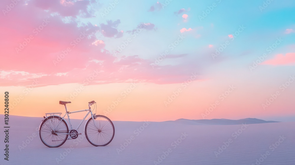 Fototapeta premium A bicycle resting on the soft sand with a soft pink and blue sunset sky in the background 