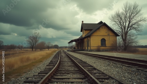 Cinematic view of a nostalgic abandoned railway station surrounded by overgrown fields and under a moody sky