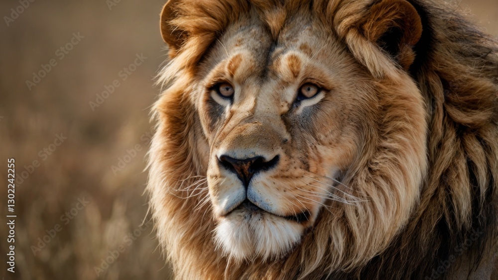 High-quality, studio-lit photograph of a majestic male lion with a thick, tawny mane, taken from a low angle to accentuate its powerful build and regal demeanor, set against a neutral, creamy beige ba High-quality, studio-lit photograph of a majestic male lion with a thick, tawny mane, taken from a low angle to accentuate its powerful build and regal demeanor, set against a neutral, creamy beige ba