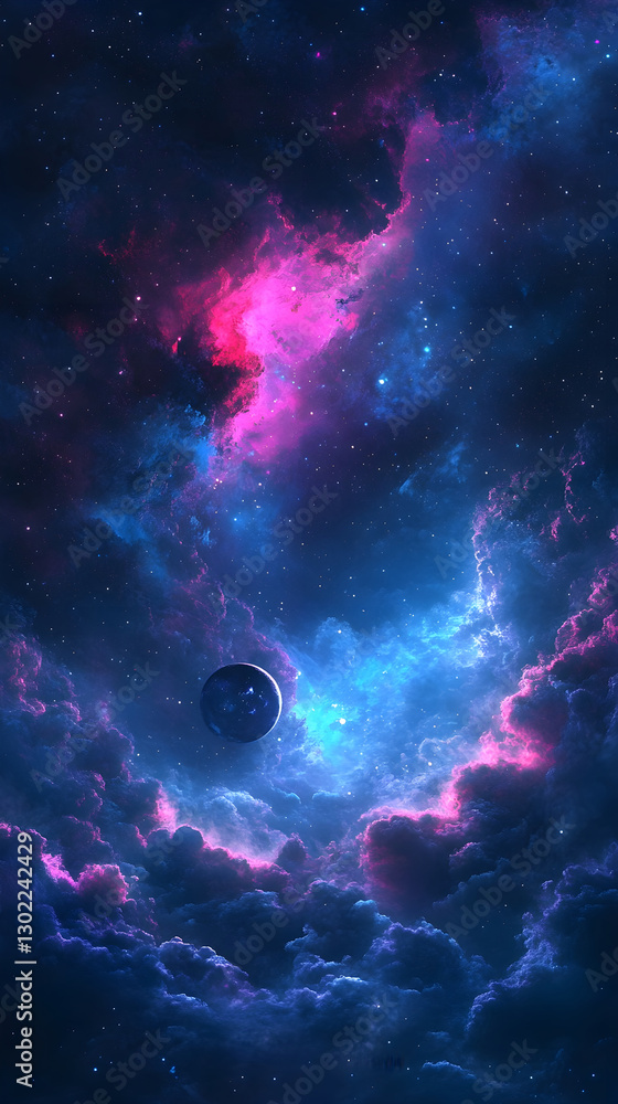 Obraz premium Deep space blue infused with striking neon pink radiating across surreal floating clouds in a hyper-realistic celestial scene