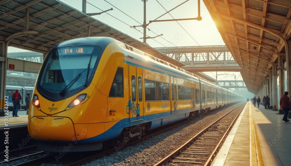 Fototapeta premium Vibrant yellow train at a bustling station during a sunny morning commute