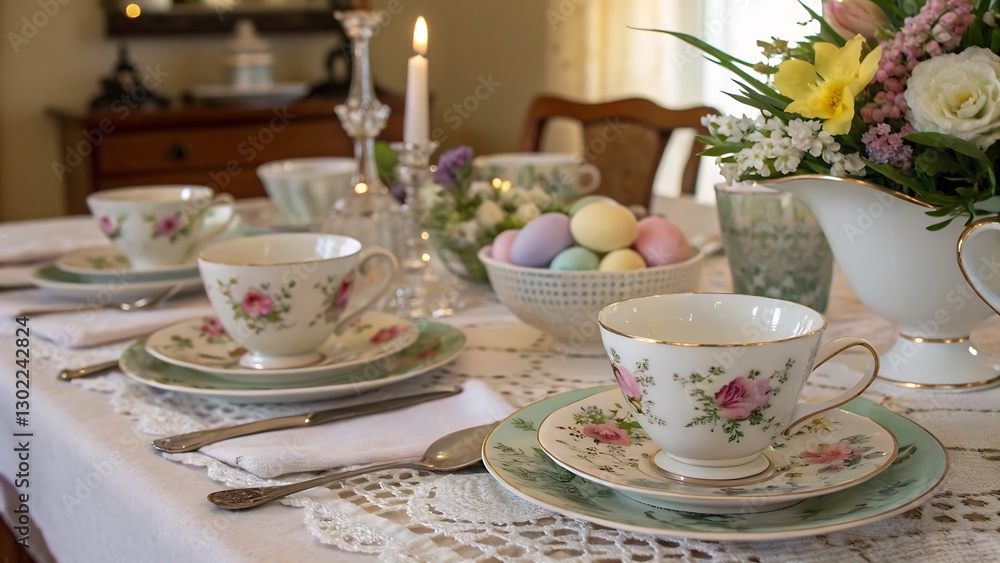 Victorian-Style Easter Table Setting with Porcelain Teacups, Floral Patterns, and Antique Silverware ideal for classic Easter tea parties, period-themed celebrations, and vintage event decor. Victorian-Style Easter Table Setting with Porcelain Teacups, Floral Patterns, and Antique Silverware ideal for classic Easter tea parties, period-themed celebrations, and vintage event decor.