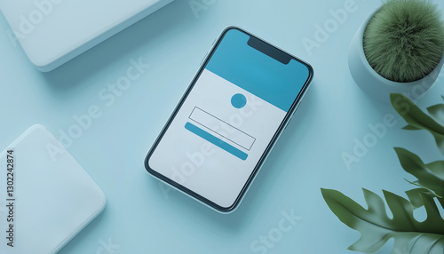 A sleek smartphone displaying a minimalist login interface on a soft blue surface, ideal for illustrating digital communication or modern technology concepts.
