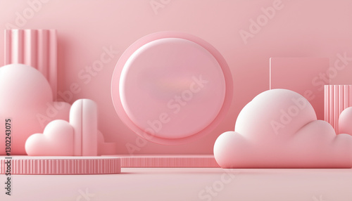 A serene and playful 3D depiction of soft pink geometric shapes and fluffy clouds, perfect for modern backgrounds, wallpapers, and creative designs.