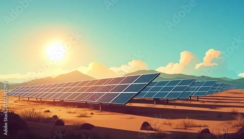 A stunning view of solar panels set against a desert landscape under a bright sun. This image represents renewable energy and sustainability in nature.