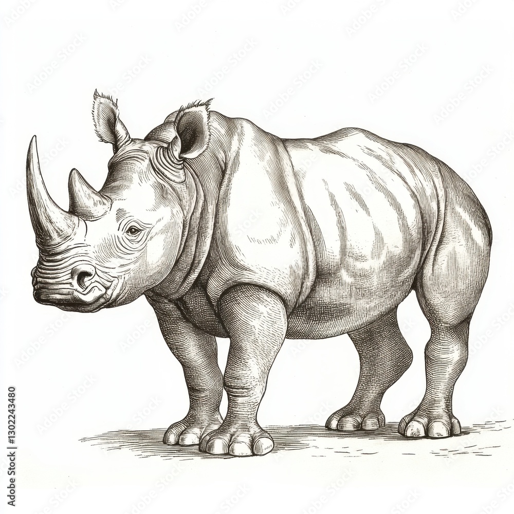 Obraz premium Rhinoceros with prominent horn standing in natural posture on ground