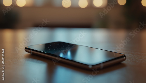A sleek smartphone rests on a wooden table, showcasing its reflective screen amidst soft bokeh lights, creating a warm and inviting atmosphere.