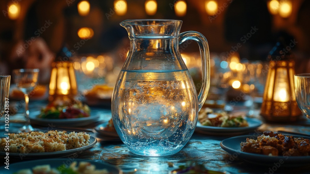 Glass Water Pitcher On Table With Candles Glass Water Pitcher On Table With Candles