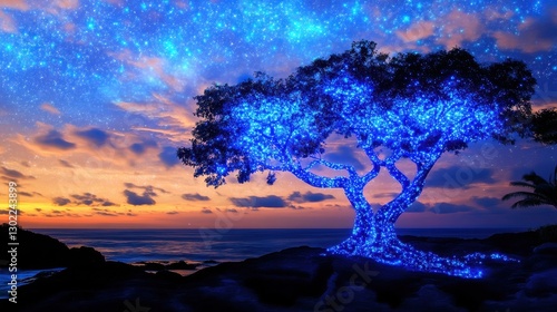 Illuminated Tree by the Ocean Under a Starry Sky