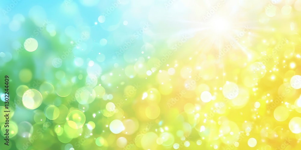 blurred spring background with sun and bokeh, green, yellow, and blue sky, banner template blurred spring background with sun and bokeh, green, yellow, and blue sky, banner template
