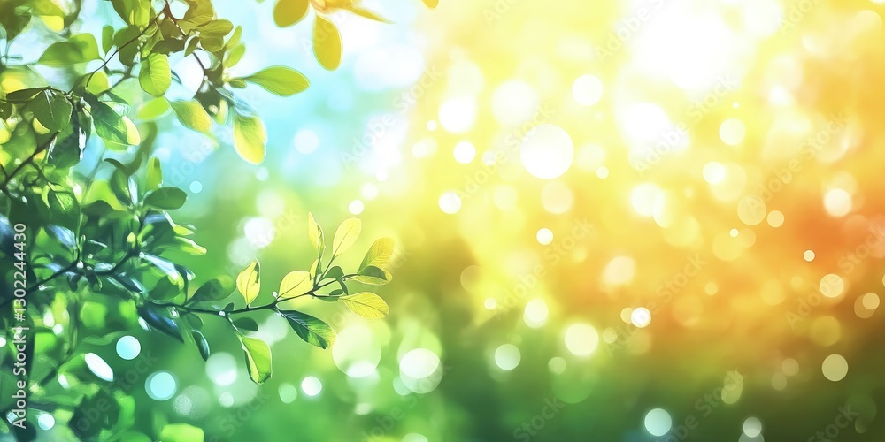 blurred spring background with sun and bokeh, green, yellow, and blue sky, banner template blurred spring background with sun and bokeh, green, yellow, and blue sky, banner template