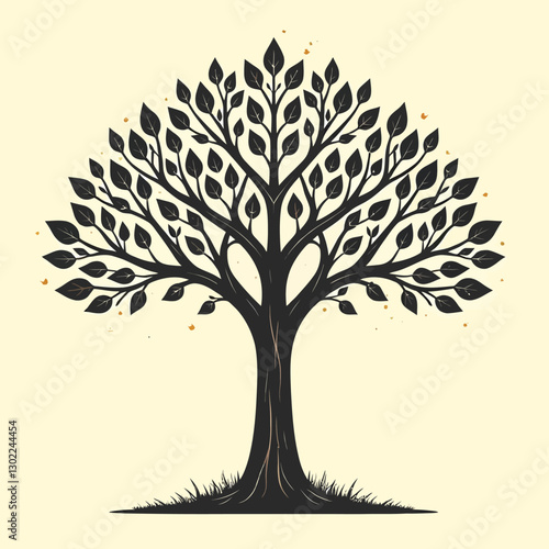 Hand drawn tree with roots flat vector illustration lino cut