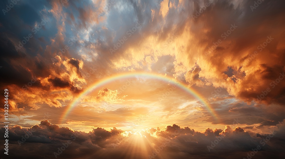Naklejka premium Dramatic Sunset with Rainbow Arch and Golden Clouds
