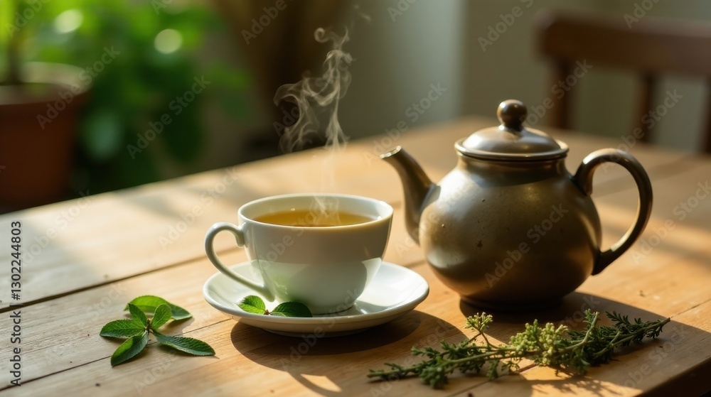 Warm, Aromatic Tea Brew in a Rustic Setting A Moment of Tranquility and Natural Goodness Warm, Aromatic Tea Brew in a Rustic Setting A Moment of Tranquility and Natural Goodness