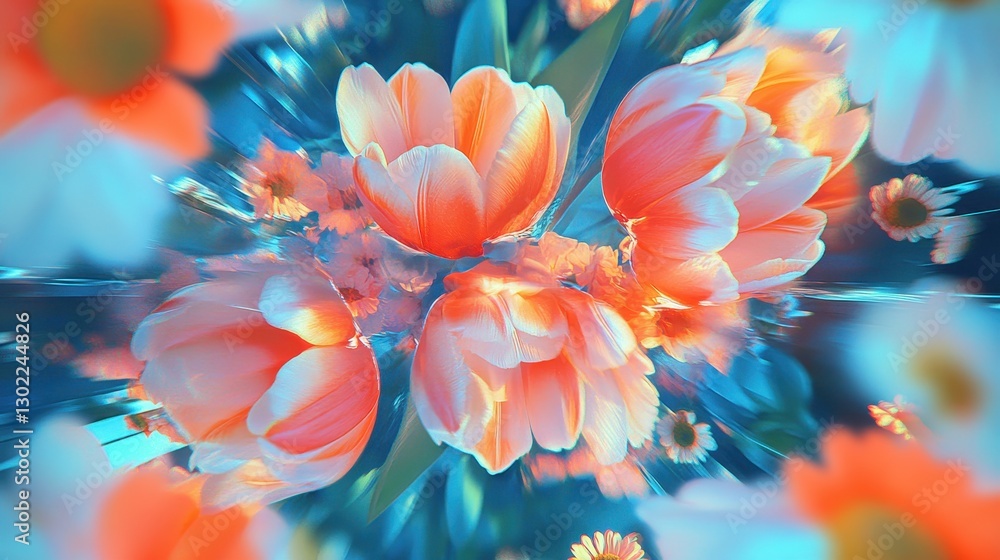 Fototapeta premium Vivid Orange Tulips and Daisies in a Floral Burst
