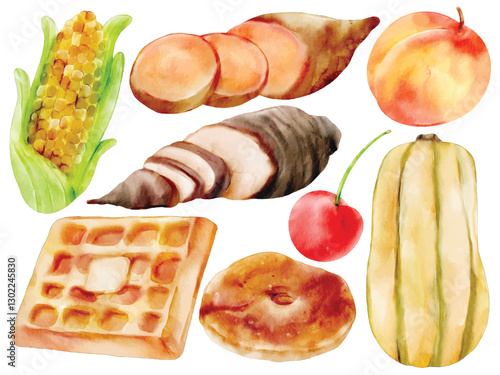 Watercolor Carbohydrate-Rich Food Illustration Set - Hand-Painted, Realistic, Nutritional Ingredients - Sweet Potato, Taro, Corn, Waffle, Donut, Peach, Squash, Cherry, Vector Illustration