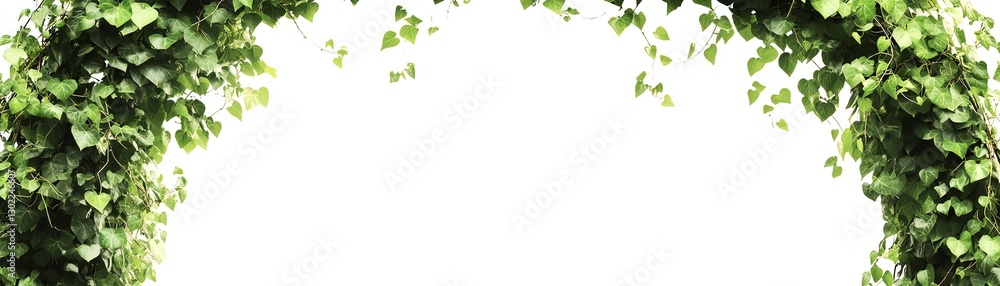Lush green ivy leaves forming a decorative arch on a white isolated background. Lush green ivy leaves forming a decorative arch on a white isolated background.