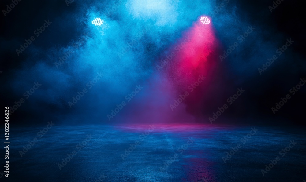 background with a spotlight on a dark floor. Blue and red lighting, with smoke or fog. A stage or concert backdrop with copy space background with a spotlight on a dark floor. Blue and red lighting, with smoke or fog. A stage or concert backdrop with copy space