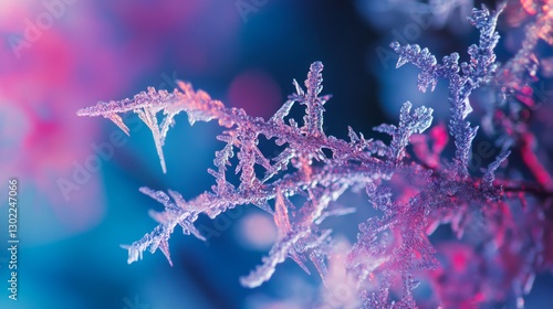 An intricate frost pattern adorns a delicate branch. Beautiful hues of blue and pink combine to create a magical winter scene. Captivating and enchanting. Generative AI