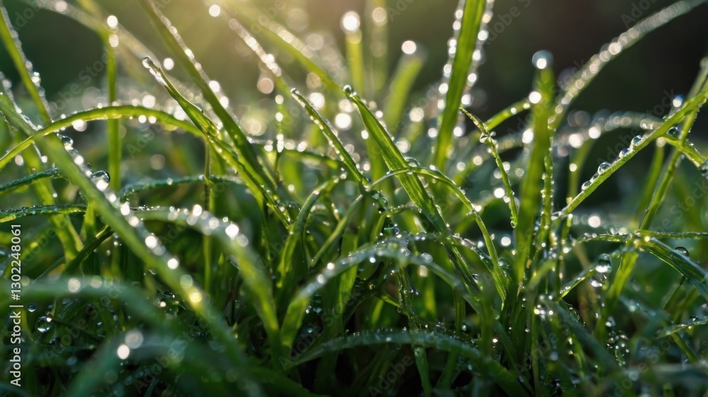 Fresh green grass in a garden covered with morning dew. Tiny water droplets sparkle in the soft sunlight, creating a peaceful and refreshing scene. Fresh green grass in a garden covered with morning dew. Tiny water droplets sparkle in the soft sunlight, creating a peaceful and refreshing scene.