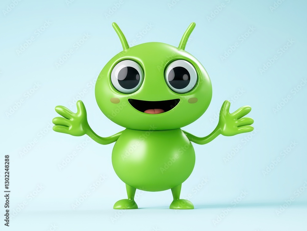 Cheerful green cartoon character with big eyes and welcoming pose against a light background Cheerful green cartoon character with big eyes and welcoming pose against a light background