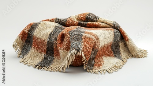 Electric plaid rug in a brown and beige design, covering an isolated blanket like coverlet as a bed sheet. photo