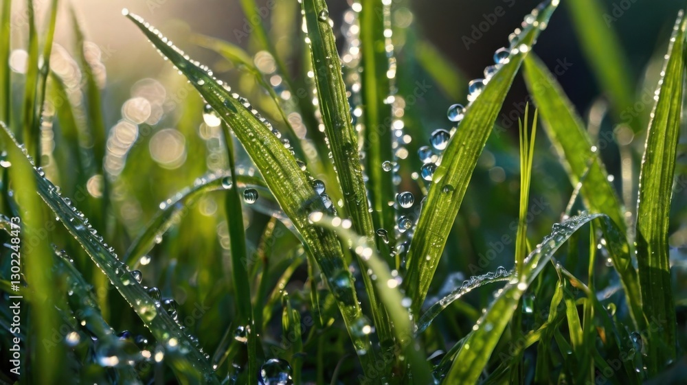 Fresh green grass in a garden covered with morning dew. Tiny water droplets sparkle in the soft sunlight, creating a peaceful and refreshing scene. Fresh green grass in a garden covered with morning dew. Tiny water droplets sparkle in the soft sunlight, creating a peaceful and refreshing scene.