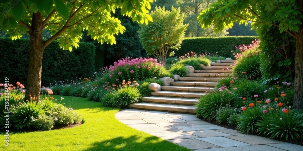 Obraz premium Serene Garden Path Ascending Stone Steps Amidst Lush Greenery and Vibrant Blooms