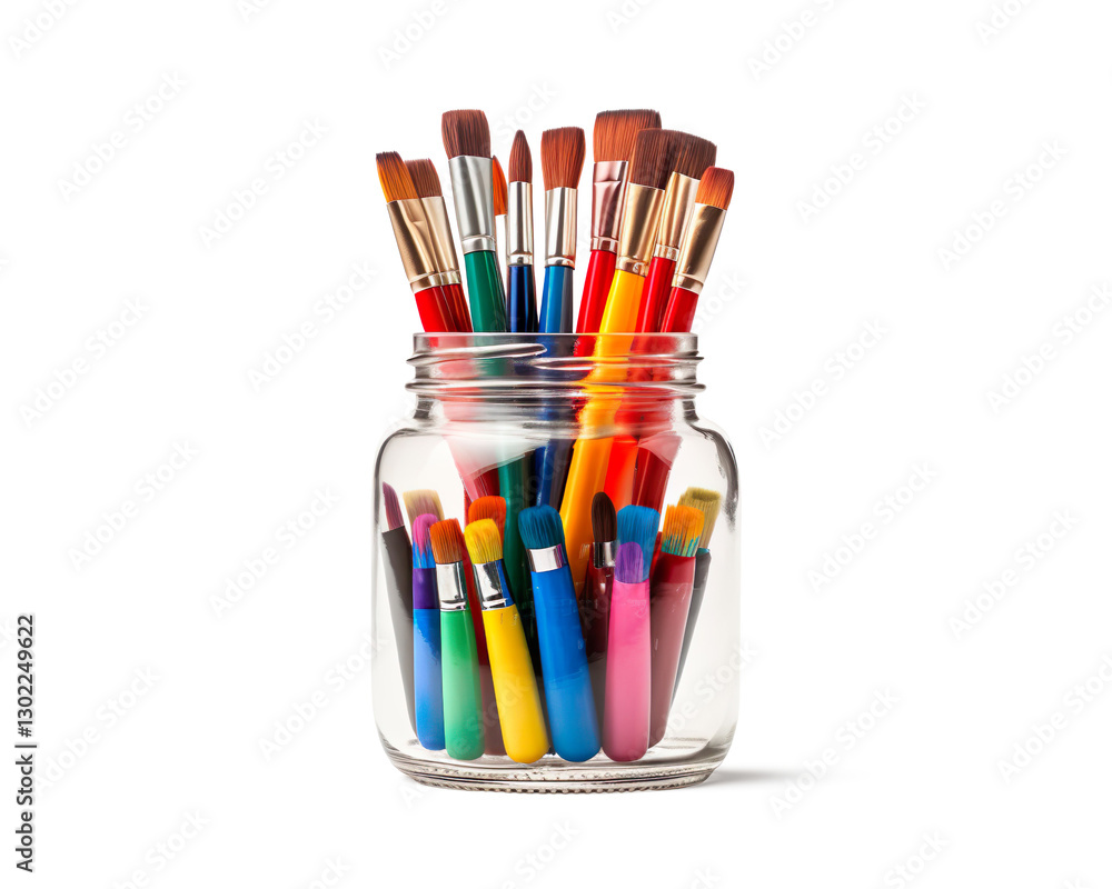 Fototapeta premium Jar of colorful paintbrushes on a transparent background