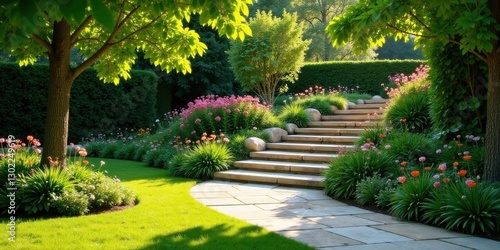 Wallpaper Mural Serene Garden Path Ascending Stone Steps Amidst Lush Greenery and Vibrant Blooms Torontodigital.ca