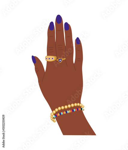 Black Female hand with bright blue manicure, wearing golden finger rings, bracelets on wrist. Nail treatment beauty, jewelry advertising concept. Flat vector illustration isolated