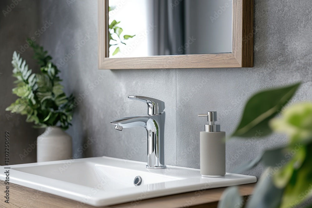 Fototapeta premium Modern bathroom sink with chrome faucet, soap dispenser, and plants.
