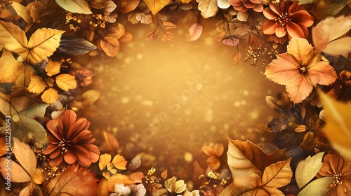 Beautiful autumnal flowers and leaves creating a warm seasonal background border