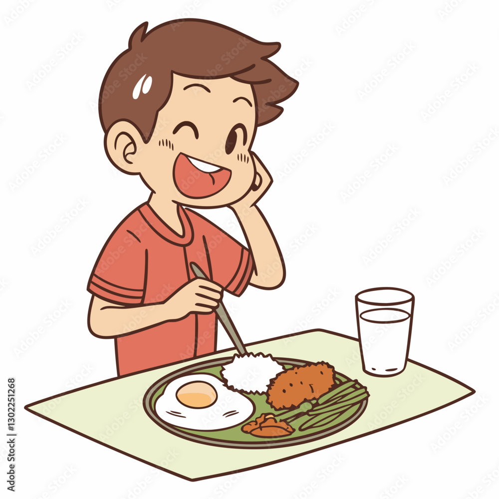 Joyful Cartoon Boy Enjoying a Nutritious Meal with a Big Smile on his Face Joyful Cartoon Boy Enjoying a Nutritious Meal with a Big Smile on his Face