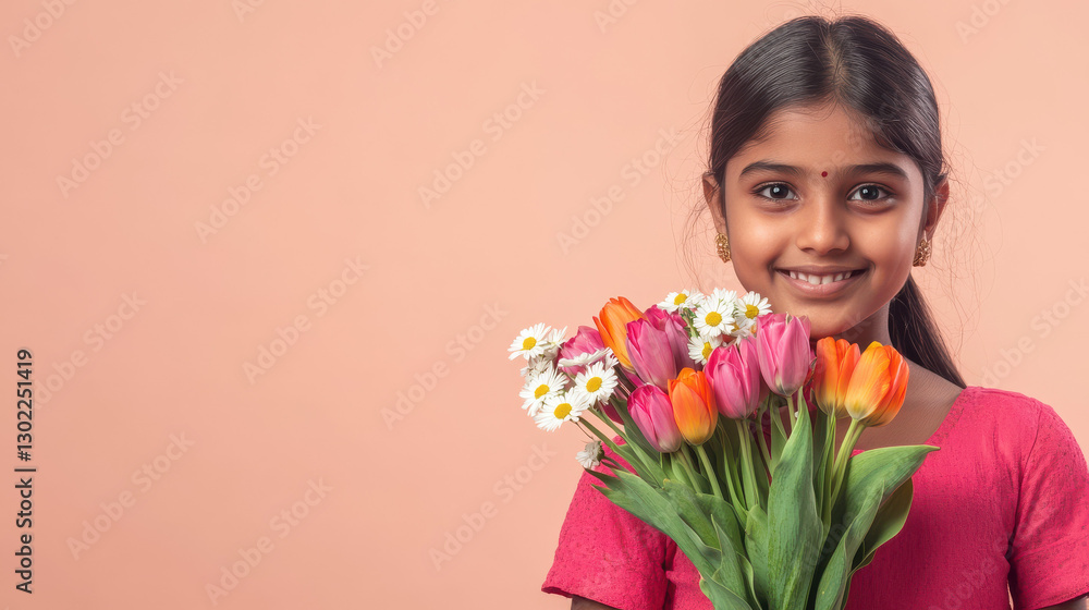 10-Year-Old Native American Girl Smiling with a Floral Bouquet for Women's Day 10-Year-Old Native American Girl Smiling with a Floral Bouquet for Women's Day