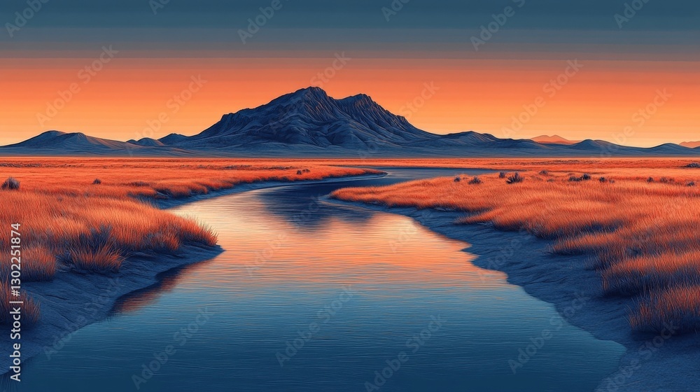Fototapeta premium Serene Sunset Landscape with Mountain and River