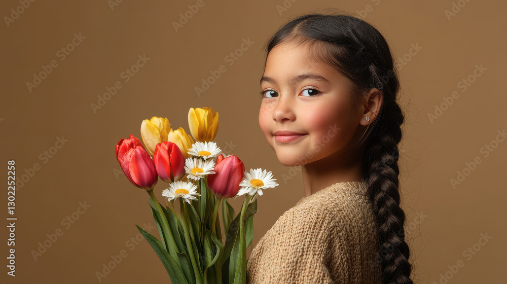 10-Year-Old Native American Girl Smiling with a Floral Bouquet for Women's Day 10-Year-Old Native American Girl Smiling with a Floral Bouquet for Women's Day