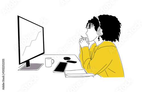 Young business woman sitting at the desk, working at computer. Pretty girl in headphones analyzes data on PC screen. Vector simple outline drawing for graphic, web design Isolated