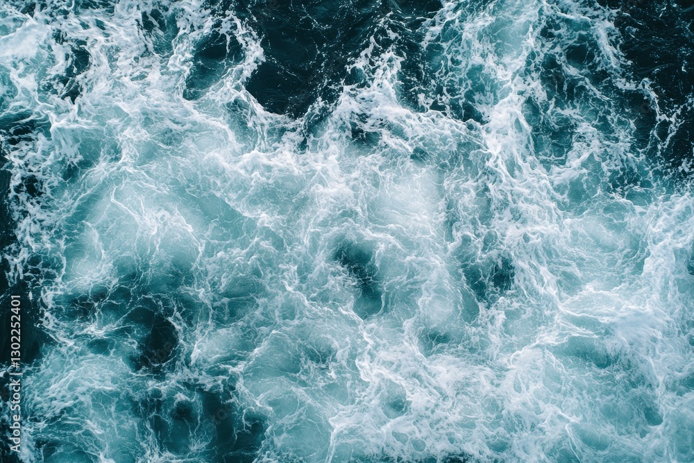 Turbulent ocean water creates swirling patterns of white and teal Turbulent ocean water creates swirling patterns of white and teal