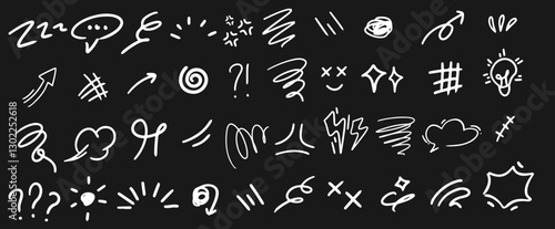 Set of black hand drawn doodle Black  and white grunge line elements curved charcoal, chalk arrows, speech bubble, abstract shapes, graphic effects for character emotion.