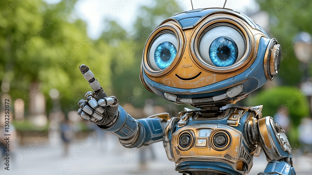 Friendly Blue and Gold Robot Pointing in a Park