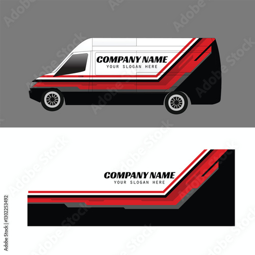 Van wrap design with red black stripes and branding for corporate fleet. Suitable for commercial vehicle advertising campaigns.