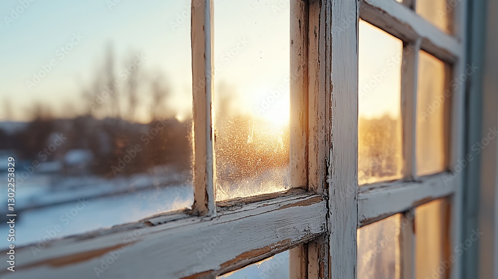 Fototapeta premium Frosty Window Pane Sunset View Winter Scene