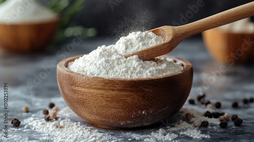 Wooden Bowl of White Flour with Wooden Spoon