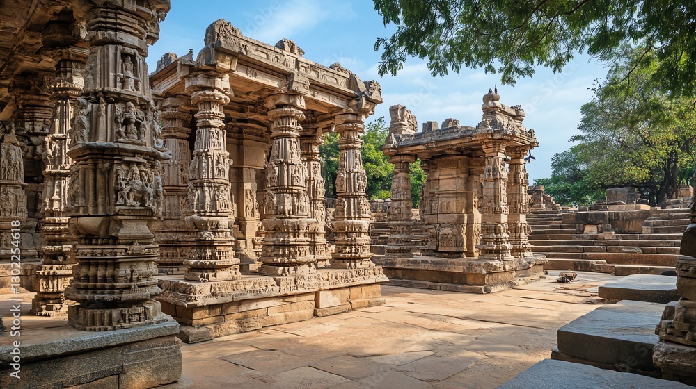 Ancient temple ruins showcasing intricate stone carvings and lush greenery. Ancient temple ruins showcasing intricate stone carvings and lush greenery.