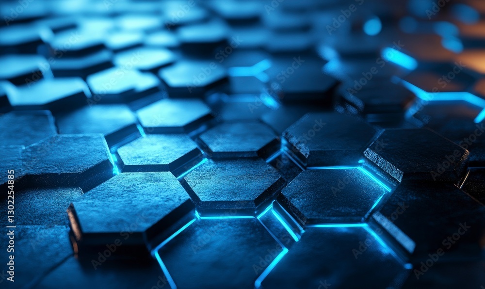 abstract background with blue glowing hexagons on a dark surface. Abstract futuristic wallpaper for design, presentation abstract background with blue glowing hexagons on a dark surface. Abstract futuristic wallpaper for design, presentation