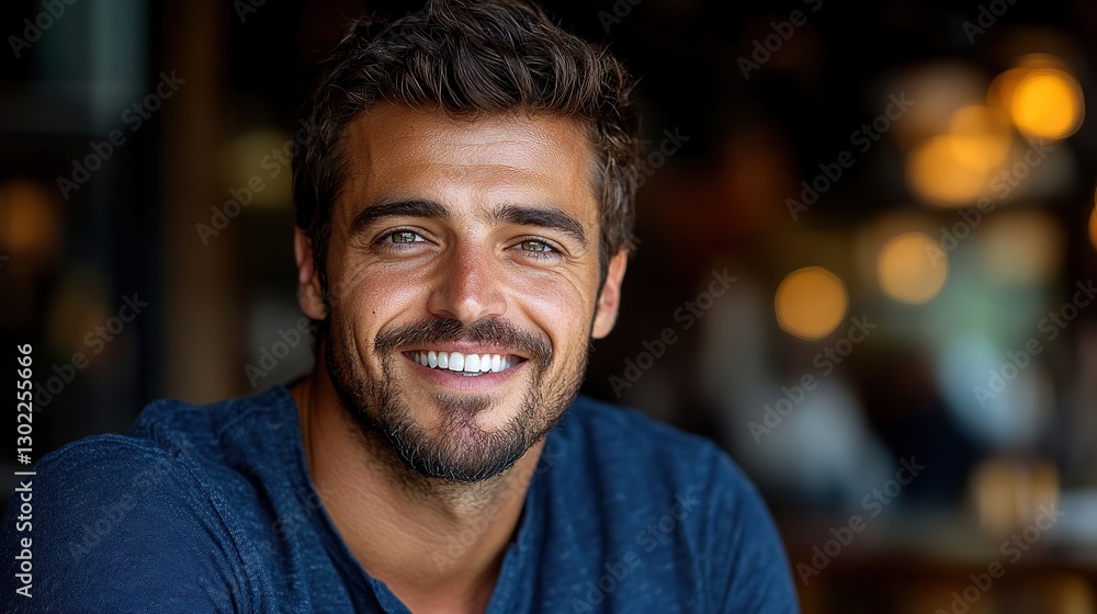 Happy man smiling in cafe, warm lighting, blurred background Happy man smiling in cafe, warm lighting, blurred background