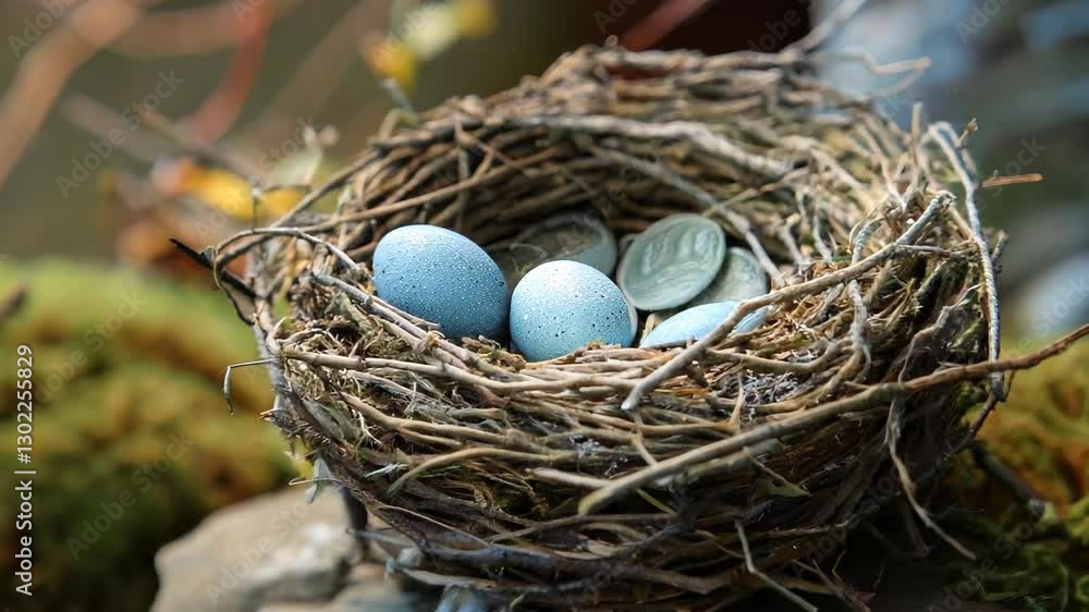 Nest with Blue Eggs Surrounded by Natural Elements and Textures Nest with Blue Eggs Surrounded by Natural Elements and Textures