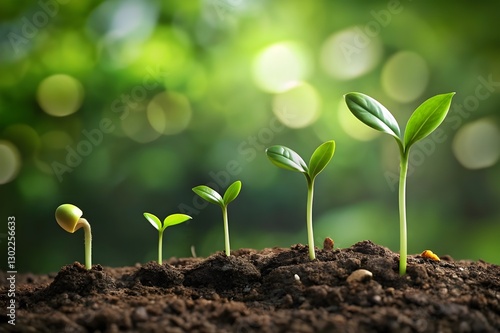 Four Plants at Different Growth Stages in a Natural Outdoor Setting with Blurred Green Background