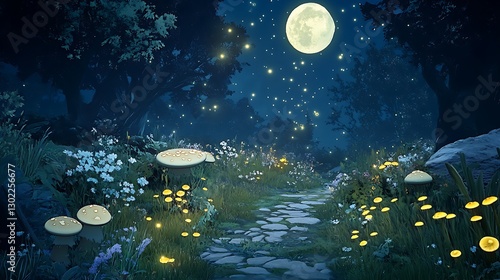 Enchanted Moonlit Forest Path: A 3D Render of a Nighttime Fantasy Scene AI Generated